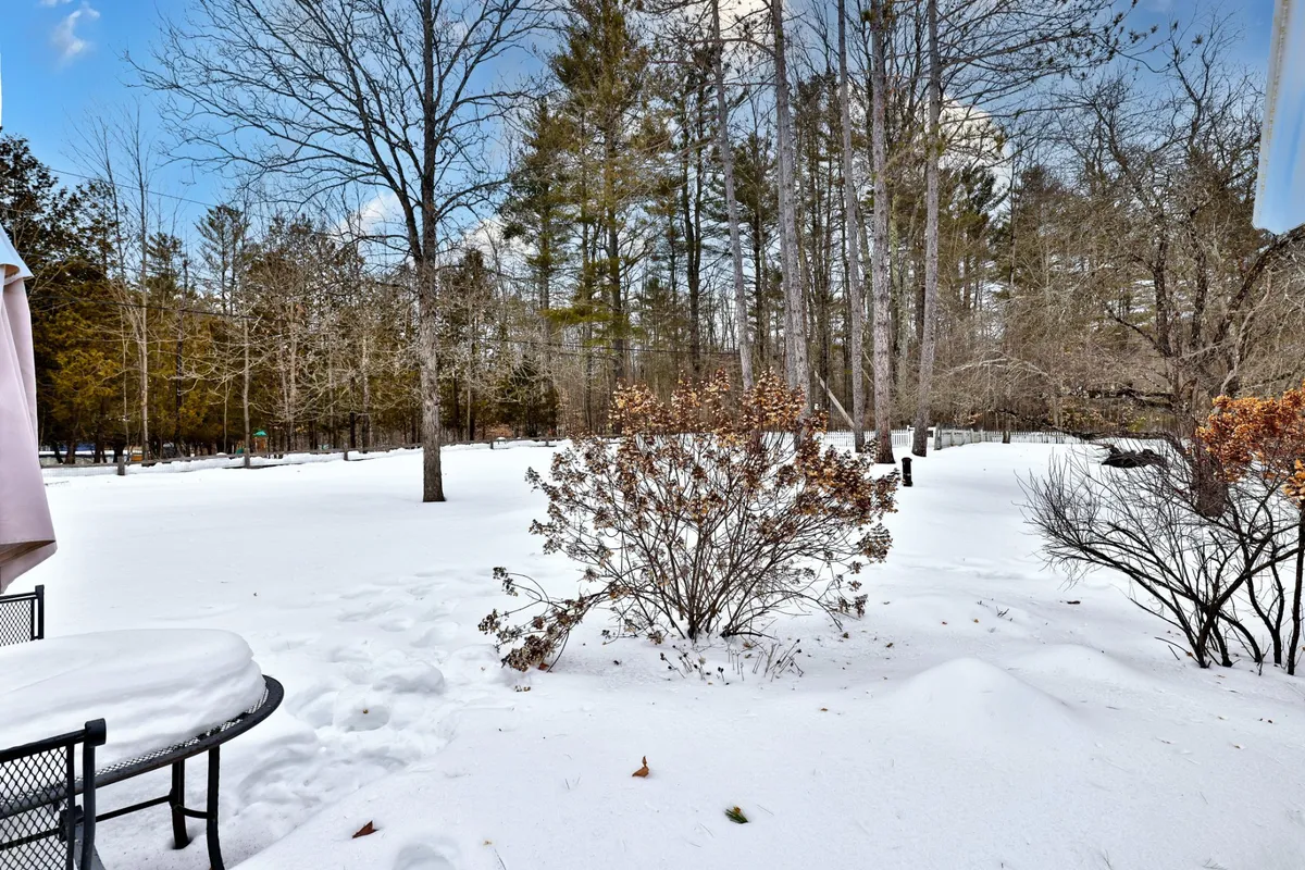 This image captures a serene winter landscape just outside the farmhouse, with snow blanketing the ground, bare trees dotting the scenery, and patio furniture peeking through the snow. The distant forest hints at the natural adventures awaiting nearby.